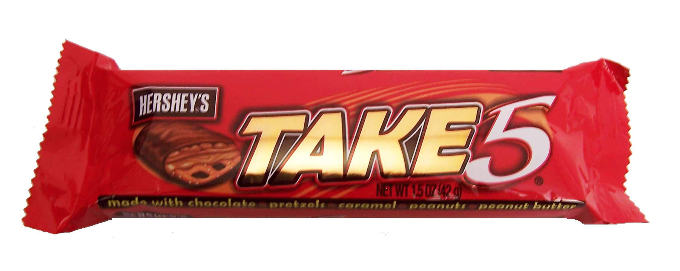 Hershey's Take 5 made with chocolate, pretzels, caramel, peanuts, and peanut butter Full-Size Picture